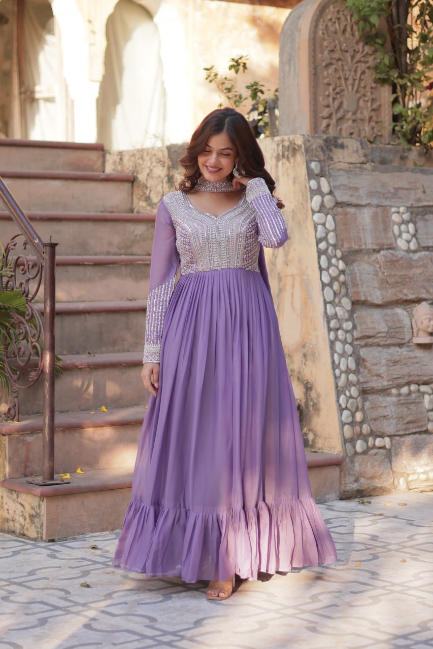 Georgette Purple Colour Sequence Worked Gown With Dupatta