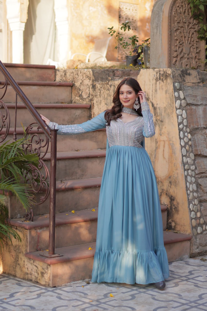 Georgette Sequence Worked Gown With Dupatta