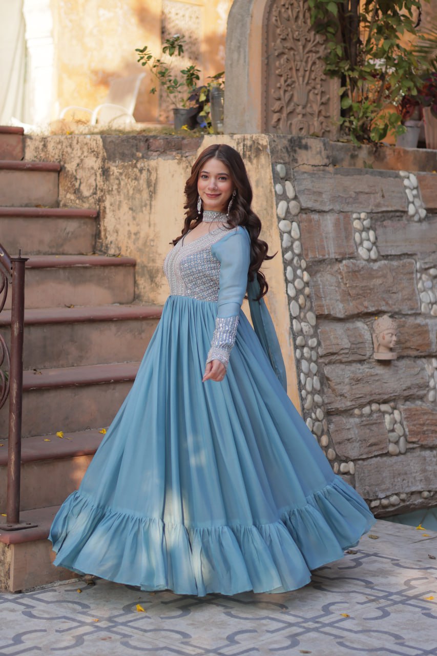 Georgette Sequence Worked Gown With Dupatta