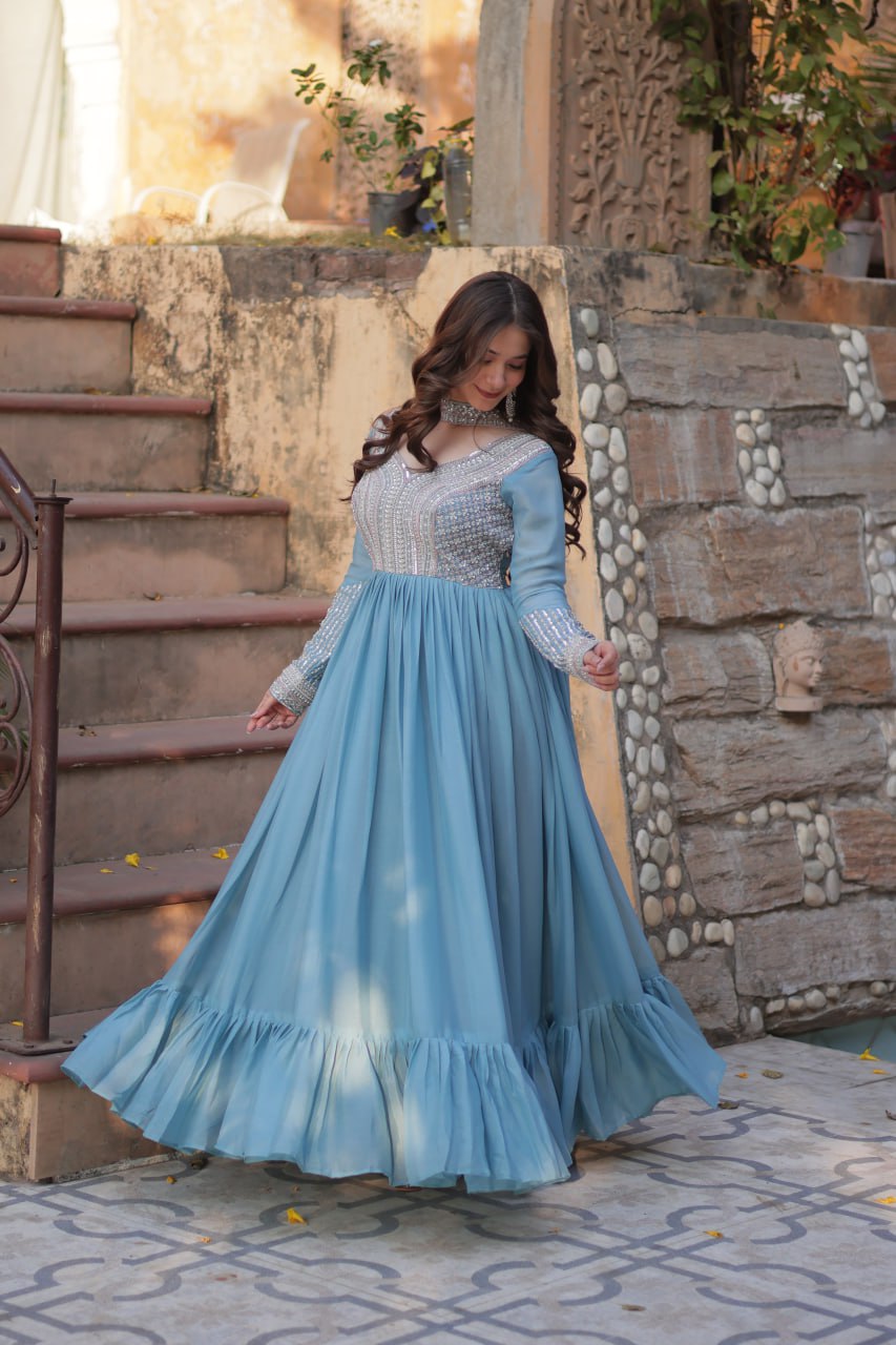 Georgette Sequence Worked Gown With Dupatta