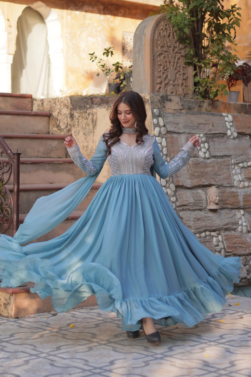 Georgette Sequence Worked Gown With Dupatta