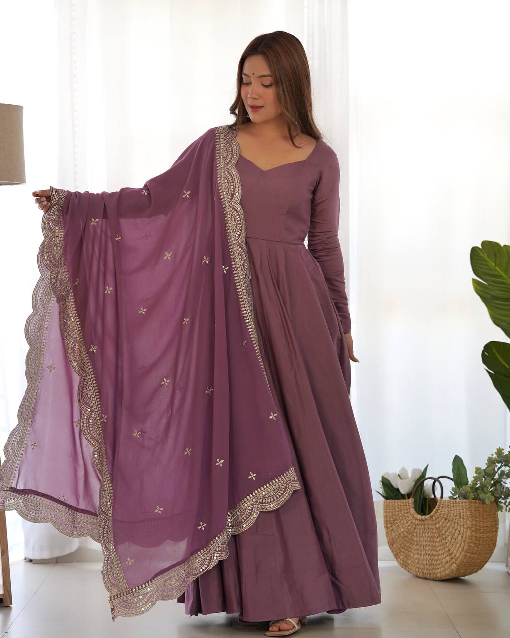 Chanderi Silk Anarkali Gown With Pant & Dupatta Set