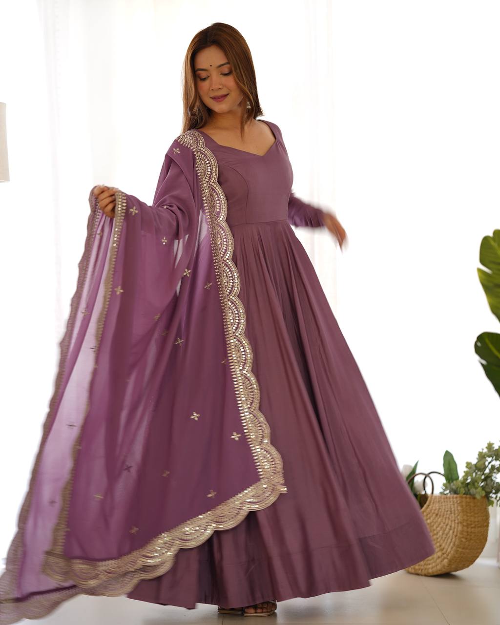 Chanderi Silk Anarkali Gown With Pant & Dupatta Set