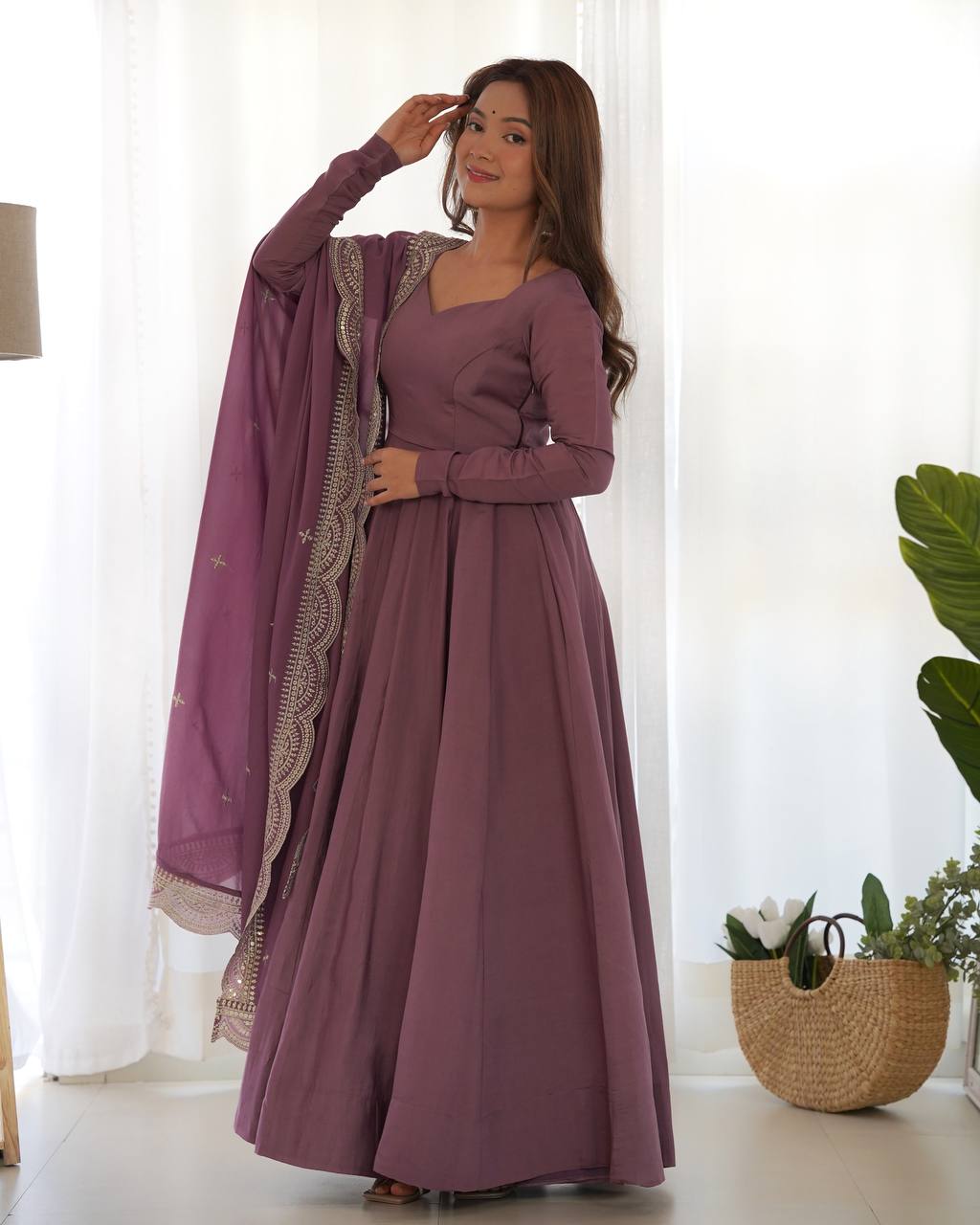 Chanderi Silk Anarkali Gown With Pant & Dupatta Set