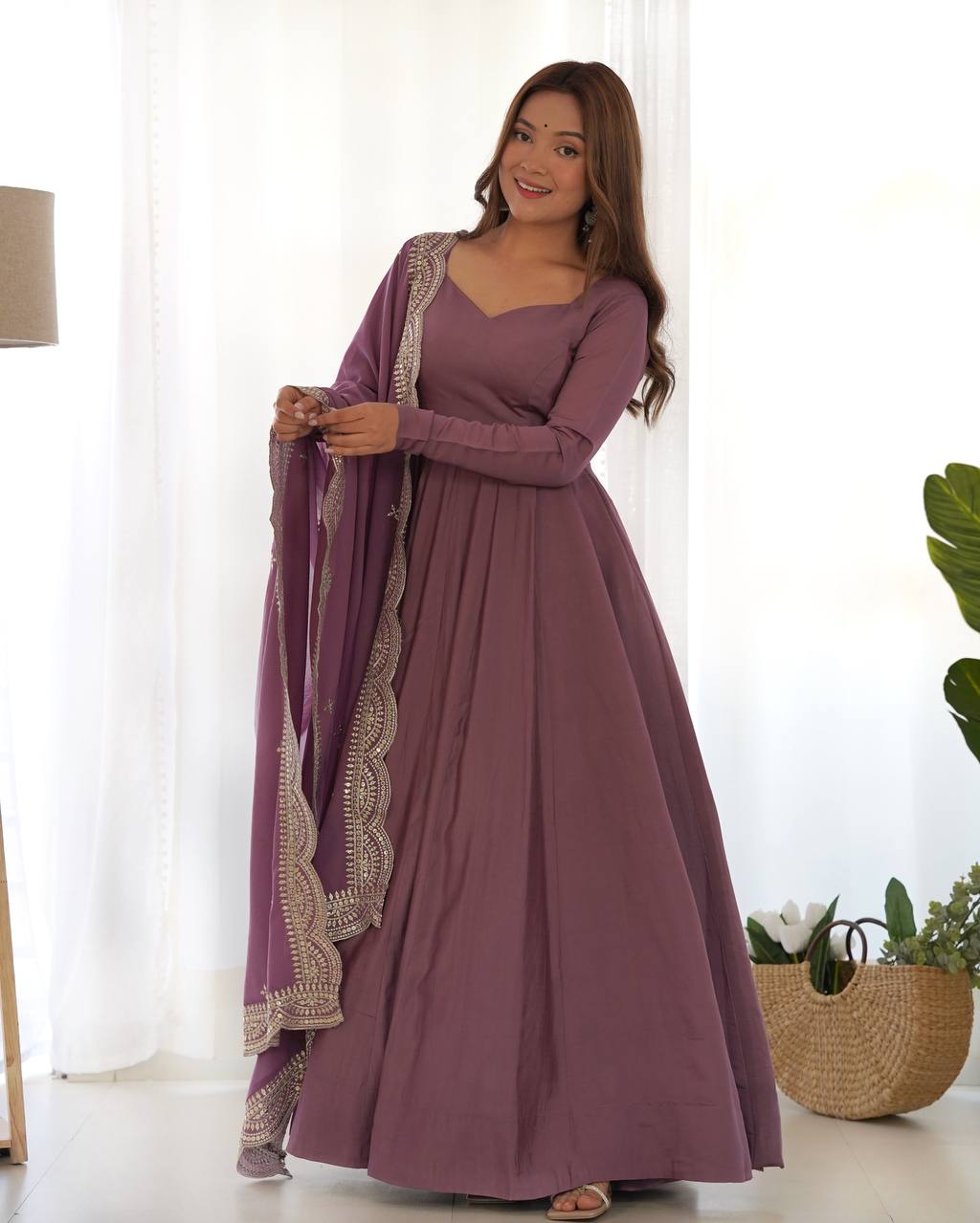Chanderi Silk Anarkali Gown With Pant & Dupatta Set