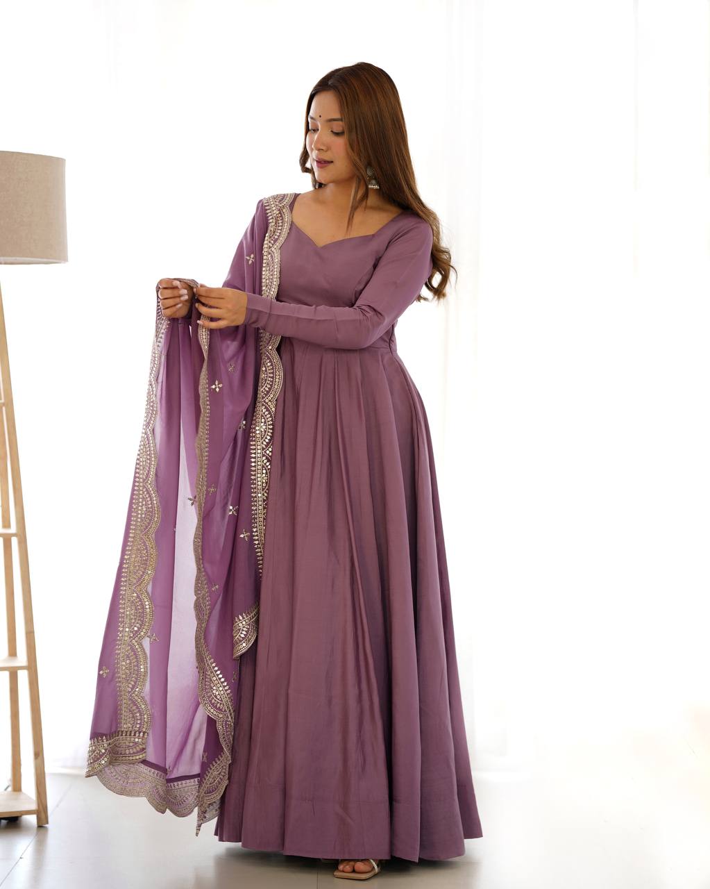 Chanderi Silk Anarkali Gown With Pant & Dupatta Set