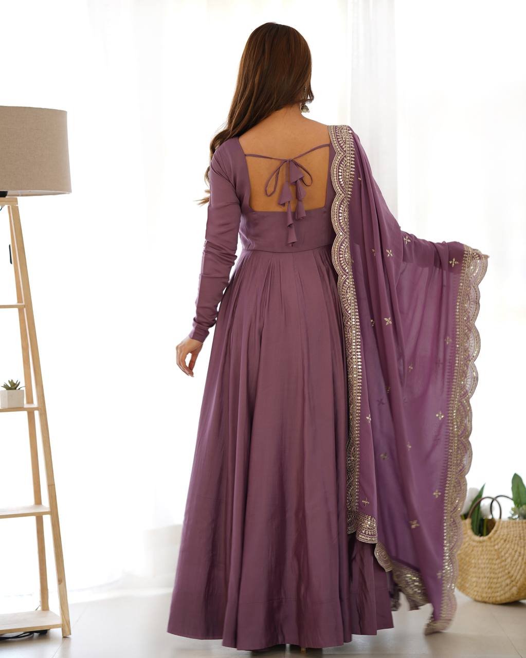 Chanderi Silk Anarkali Gown With Pant & Dupatta Set