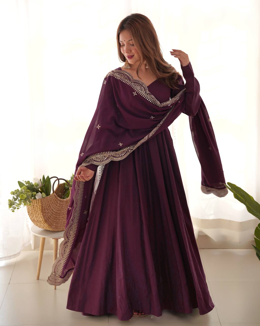Chanderi Silk Wine Anarkali Gown With Pant & Dupatta Set