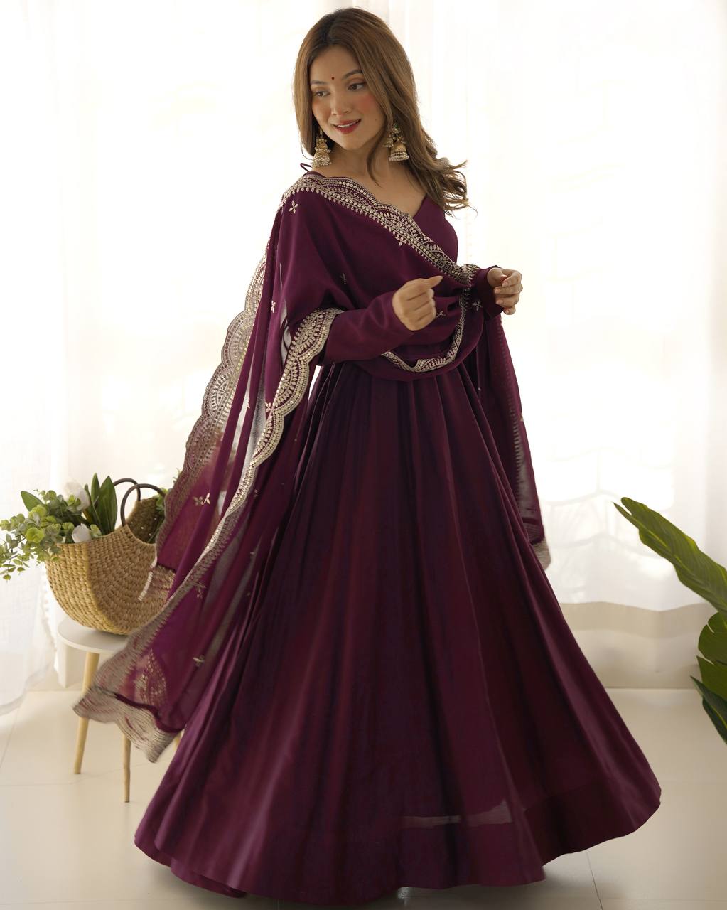Chanderi Silk Wine Anarkali Gown With Pant & Dupatta Set