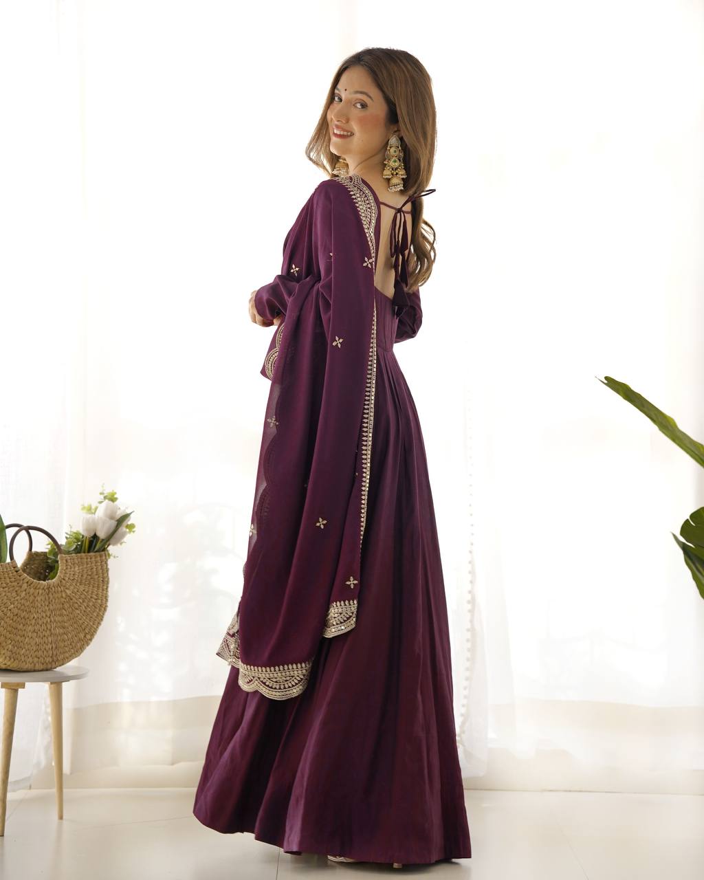 Chanderi Silk Wine Anarkali Gown With Pant & Dupatta Set
