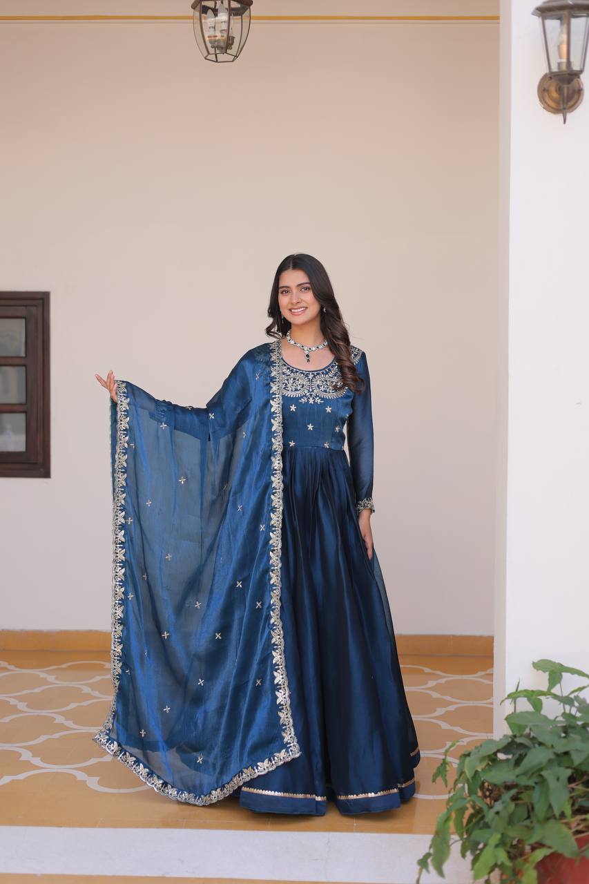 Renuka Rama Colour Pure Burberry Silk Embroidered Gown Set