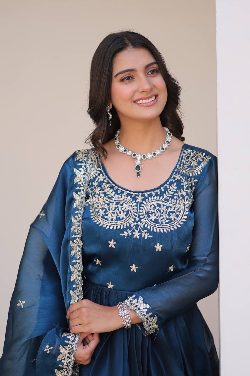 Renuka Rama Colour Pure Burberry Silk Embroidered Gown Set