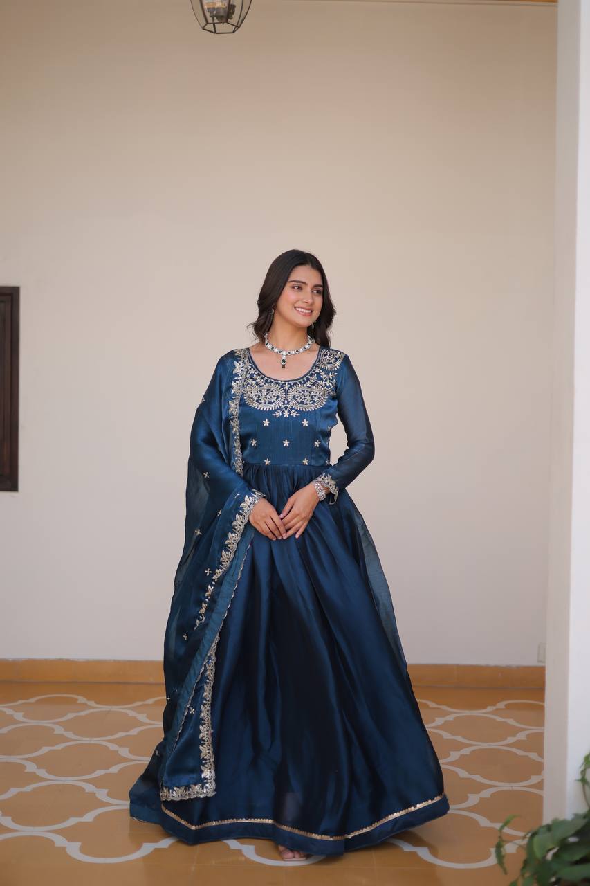 Renuka Rama Colour Pure Burberry Silk Embroidered Gown Set