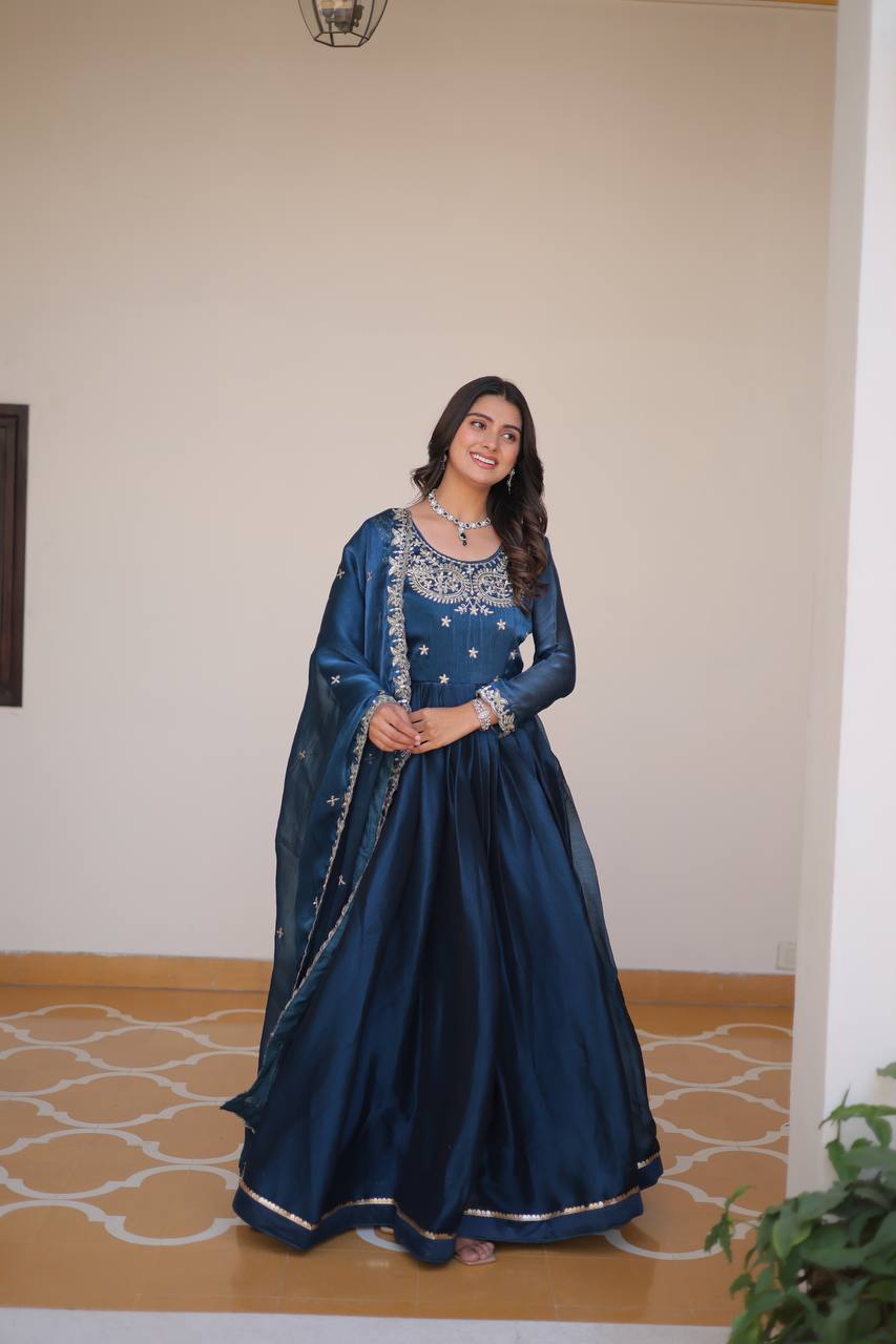 Renuka Rama Colour Pure Burberry Silk Embroidered Gown Set