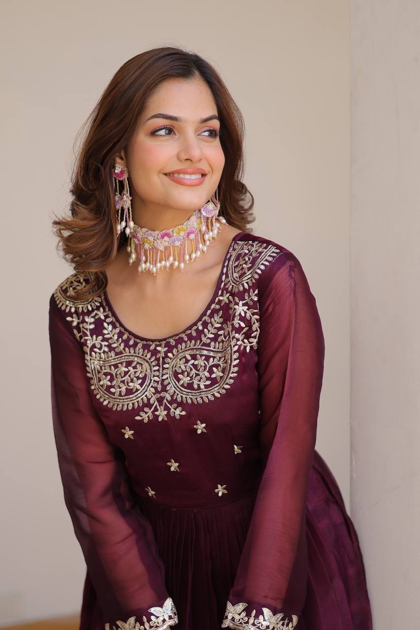 Festive Wear Burberry Silk Wine Color Gown