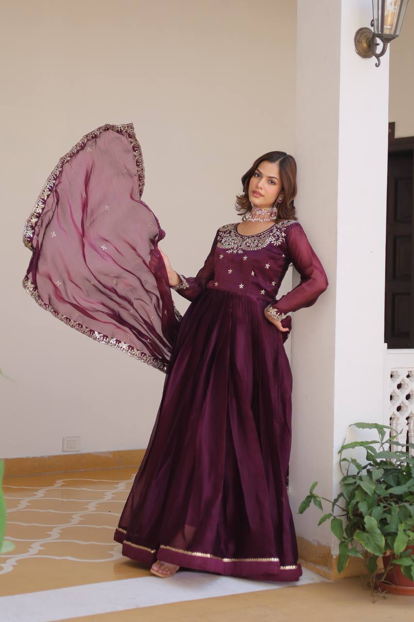 Renuka Pure Burberry Silk Embroidered Gown Set