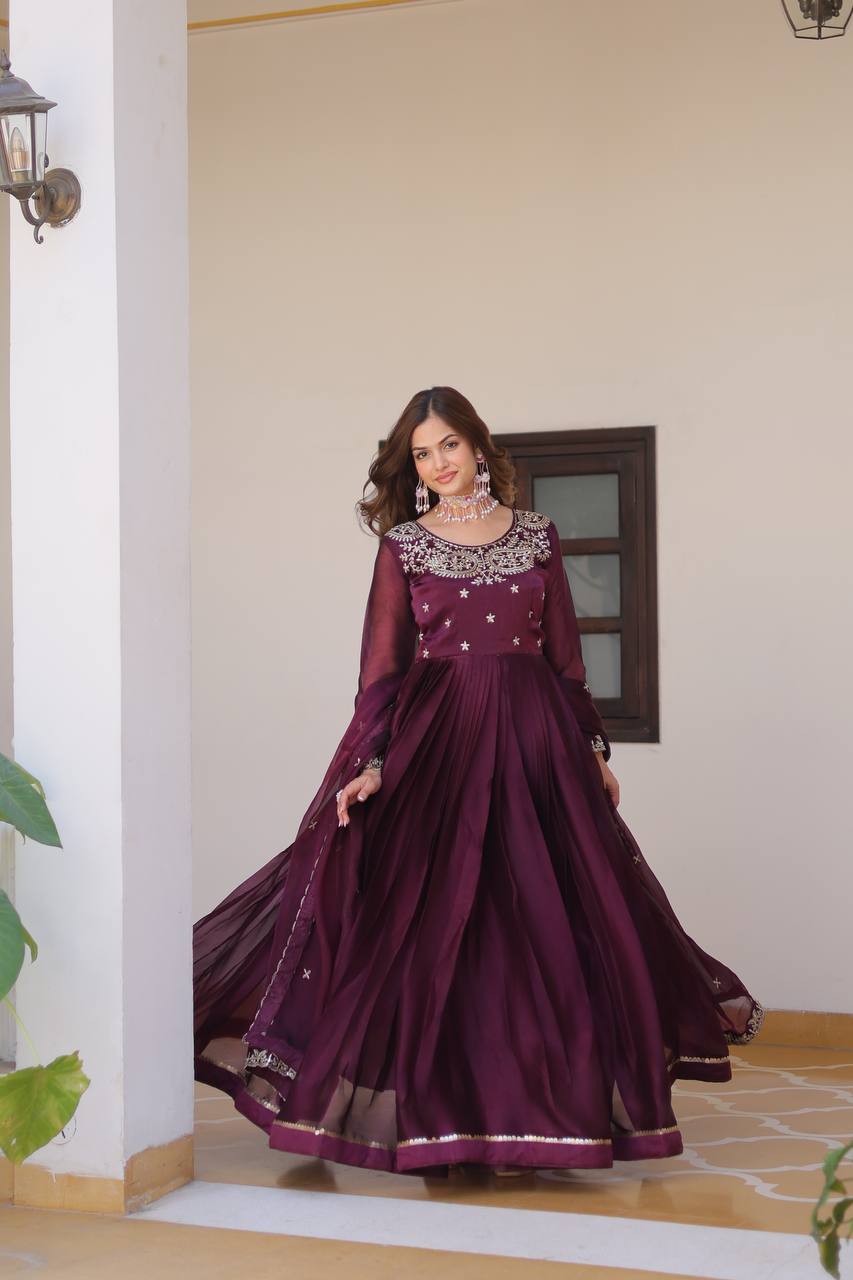 Renuka Pure Burberry Silk Embroidered Gown Set