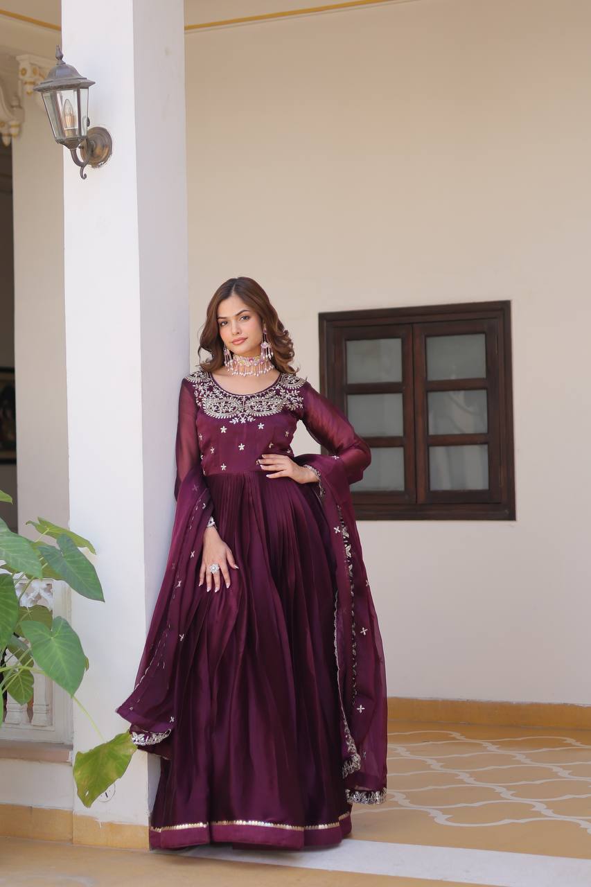 Renuka Pure Burberry Silk Embroidered Gown Set