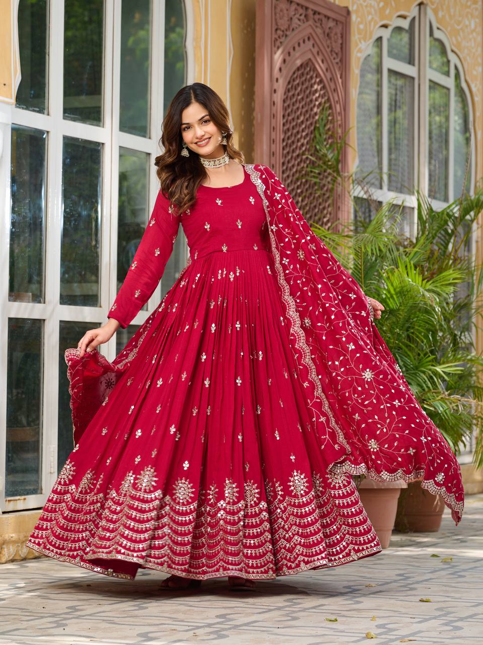 Crimson Red Vichitra Silk Sequins-Work Readymade Gown With Dupatta For Traditional / Religious-Occasions