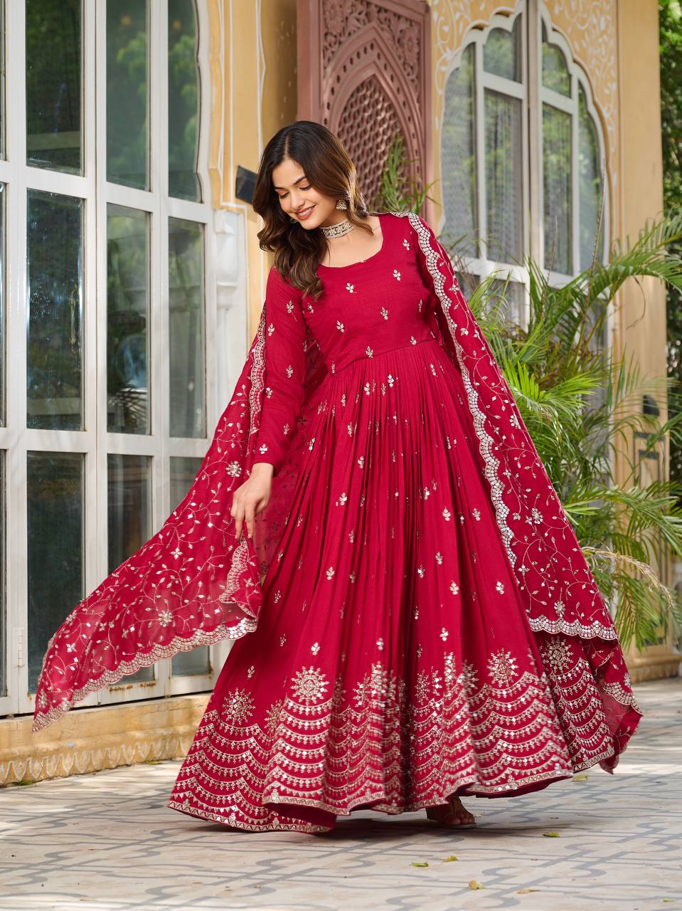 Crimson Red Vichitra Silk Sequins-Work Readymade Gown With Dupatta For Traditional / Religious-Occasions