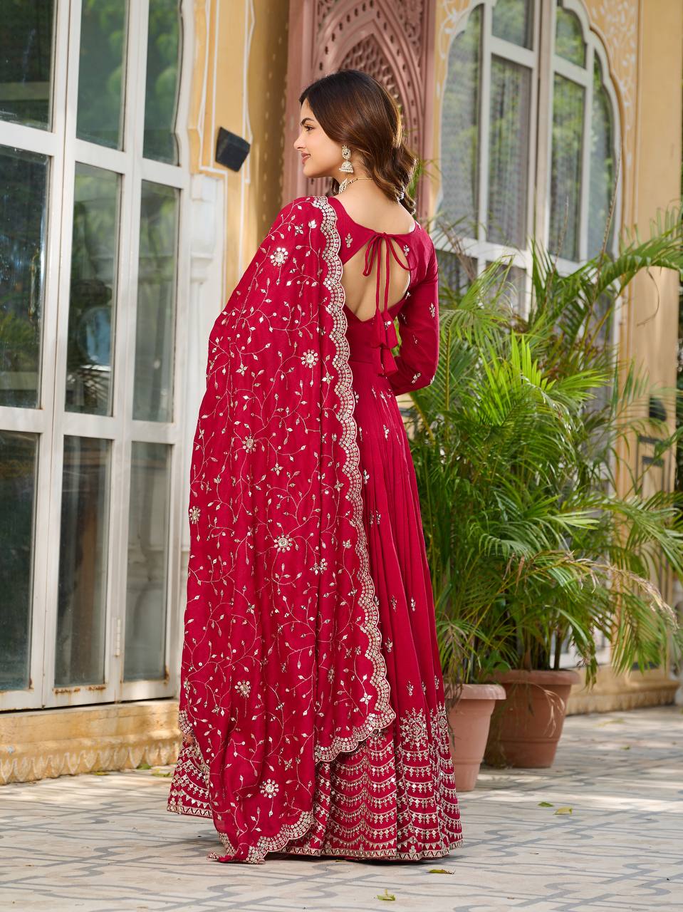 Crimson Red Vichitra Silk Sequins-Work Readymade Gown With Dupatta For Traditional / Religious-Occasions