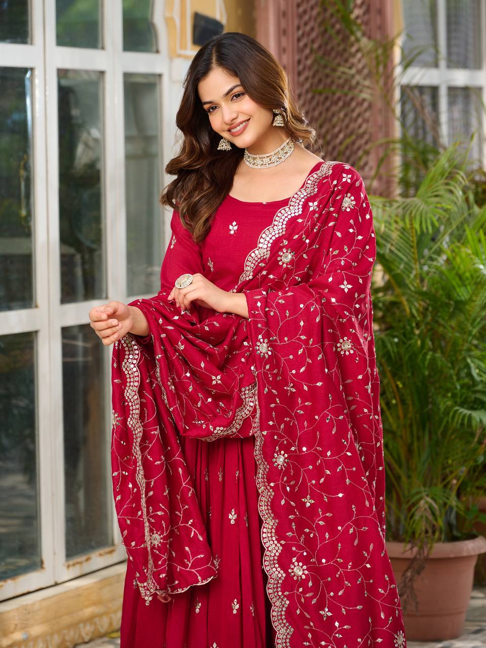 Crimson Red Vichitra Silk Sequins-Work Readymade Gown With Dupatta For Traditional / Religious-Occasions