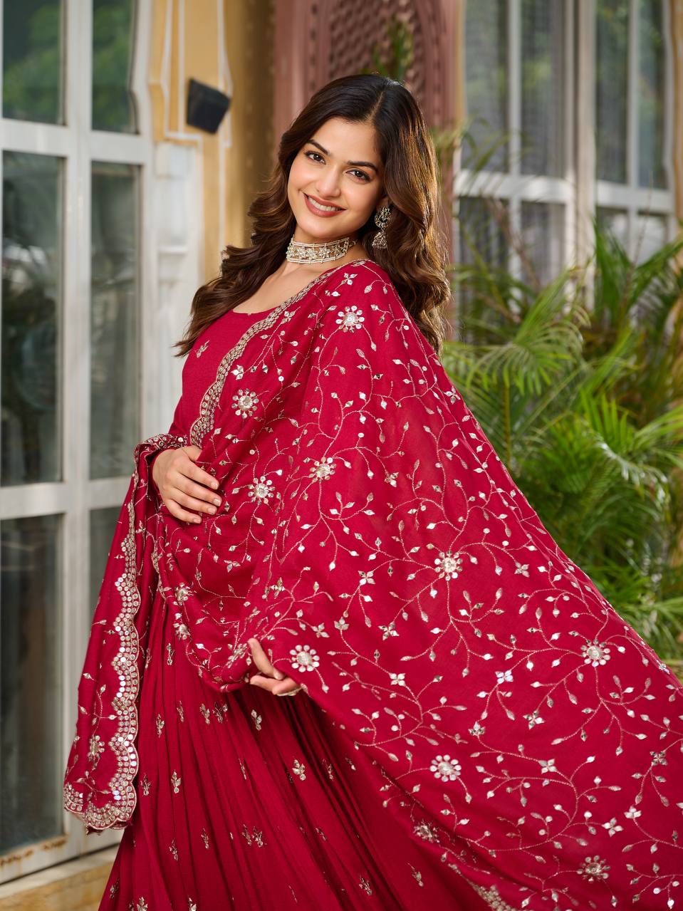 Crimson Red Vichitra Silk Sequins-Work Readymade Gown With Dupatta For Traditional / Religious-Occasions