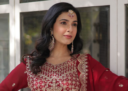 Maroon Premium Designer Readymade Gown with Dupatta Collection Elegant Embroidered Faux Blooming Design