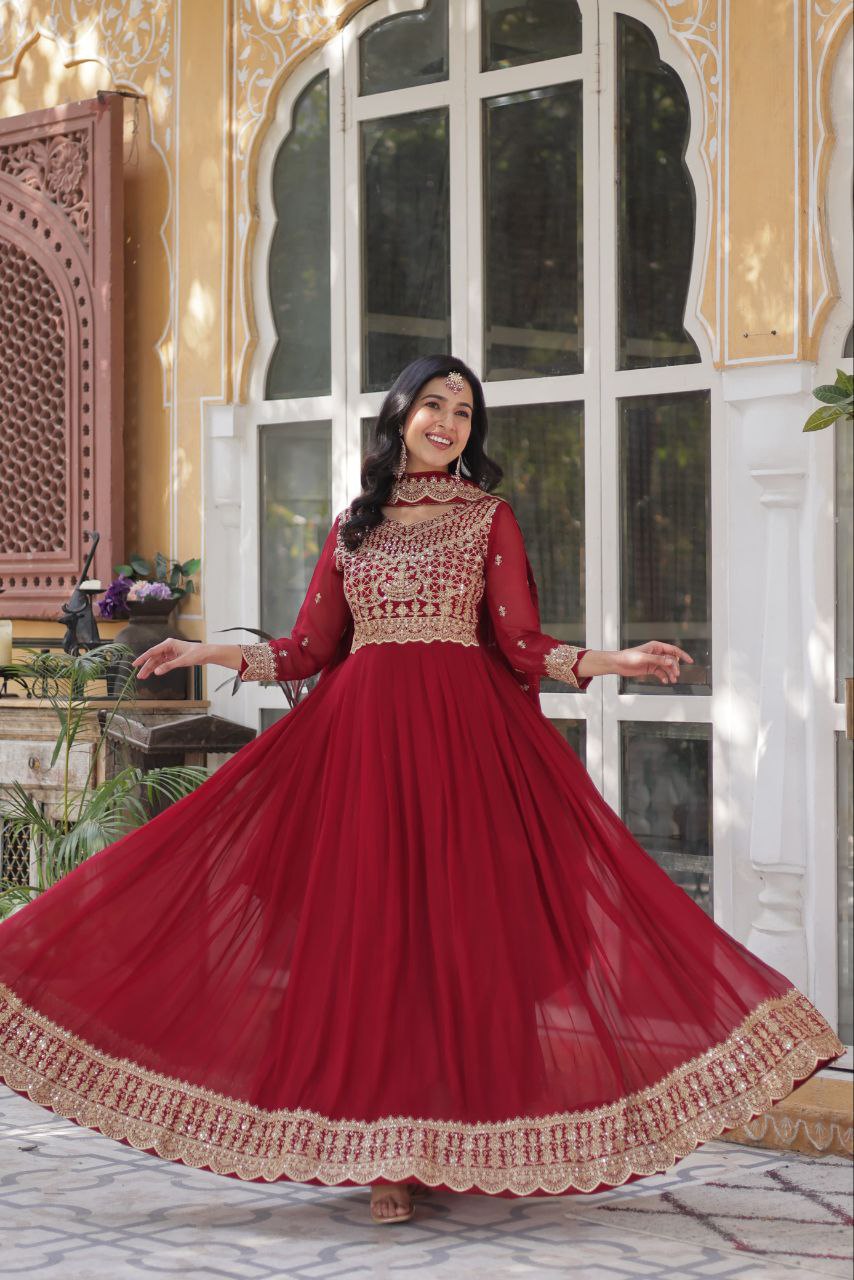 Maroon Premium Designer Readymade Gown with Dupatta Collection Elegant Embroidered Faux Blooming Design
