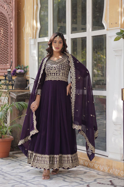 Purple Premium Designer Readymade Gown with Dupatta Collection Elegant Embroidered Faux Blooming Design