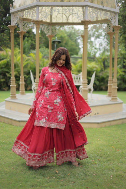 Designer Sequins Embroidery Work Readymade Kurti with Palazzo and Dupatta Set