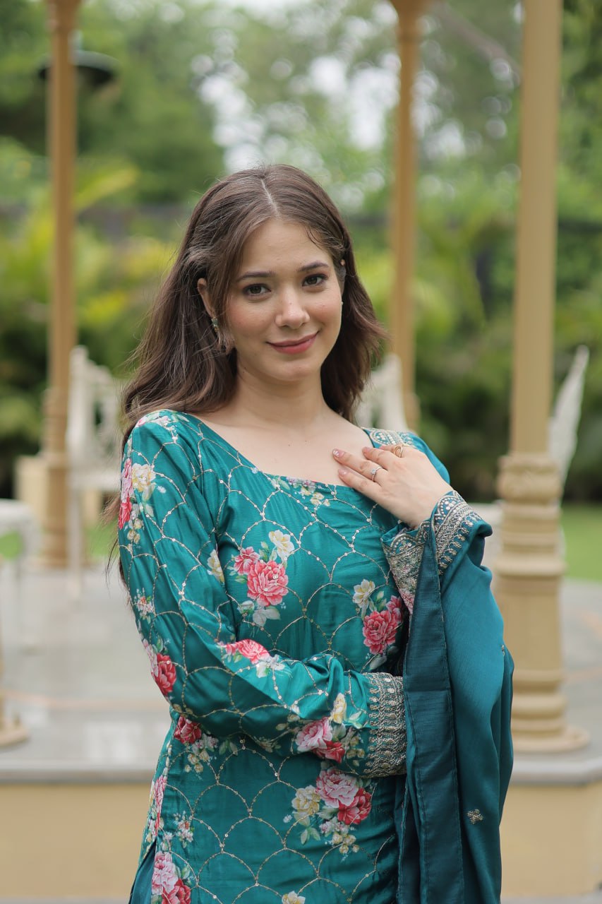 Designer Sequins Embroidery Work Readymade Kurti with Palazzo and Dupatta Set