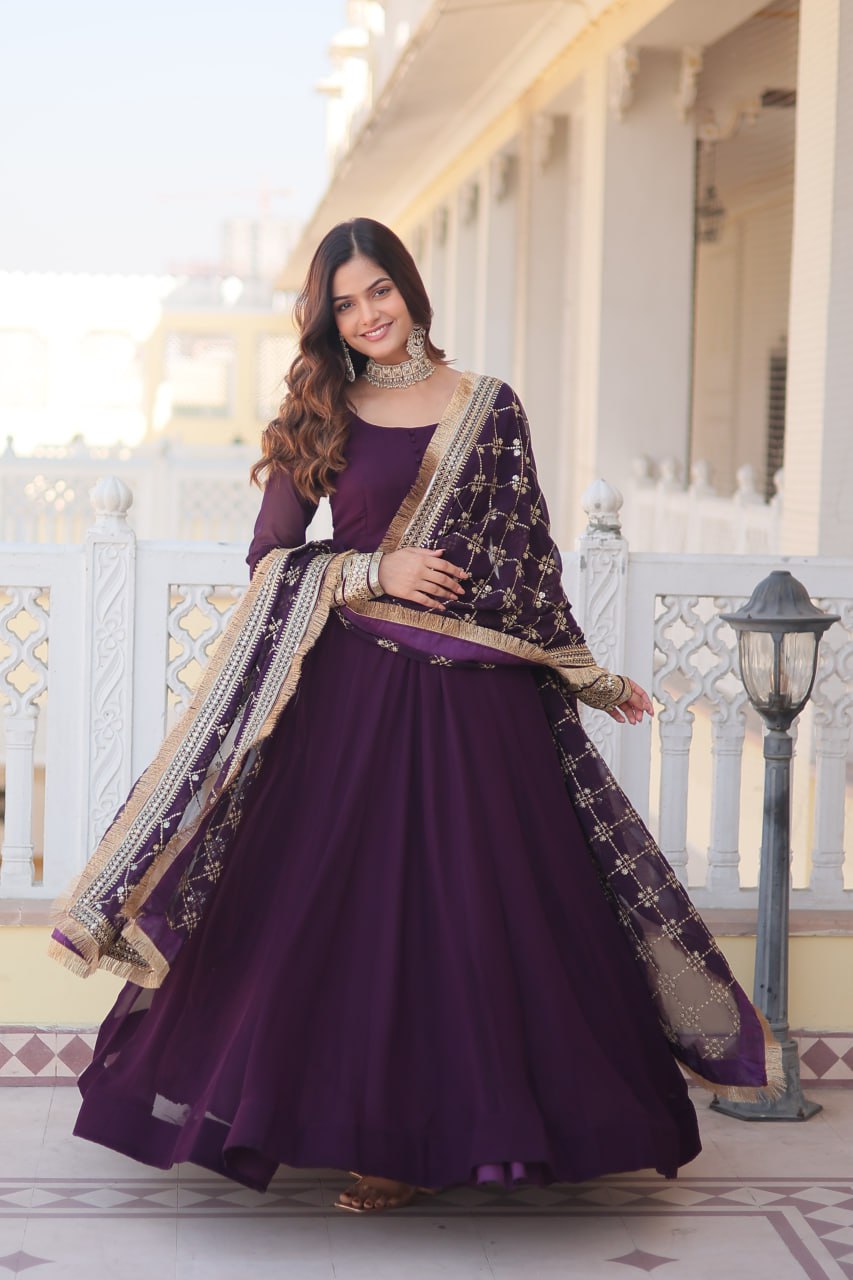 Wine Party Wear Pure Georgette Ready to Wear Stitched Gown with Dupatta Set