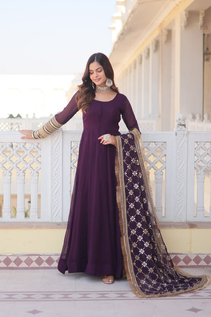 Wine Party Wear Pure Georgette Ready to Wear Stitched Gown with Dupatta Set