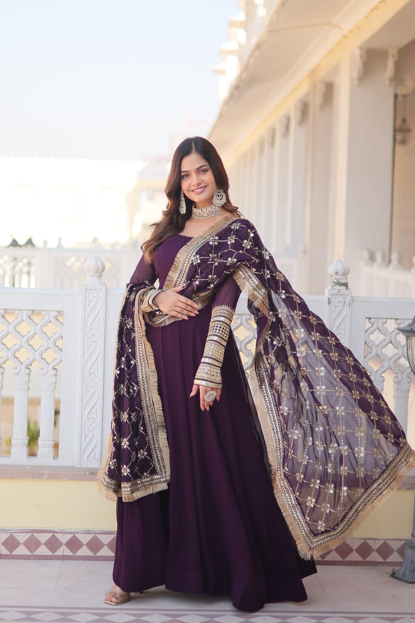Wine Party Wear Pure Georgette Ready to Wear Stitched Gown with Dupatta Set
