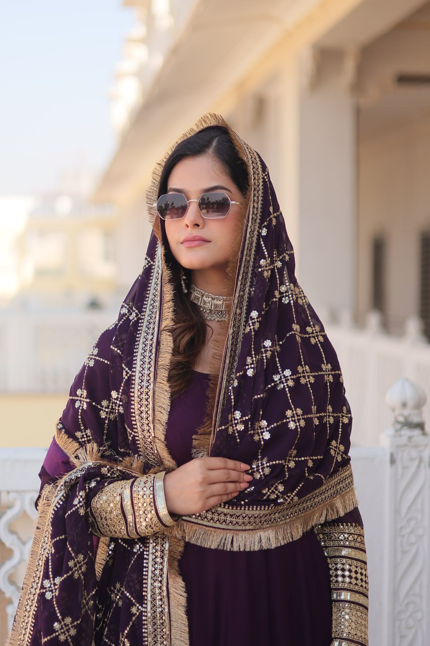 Wine Party Wear Pure Georgette Ready to Wear Stitched Gown with Dupatta Set