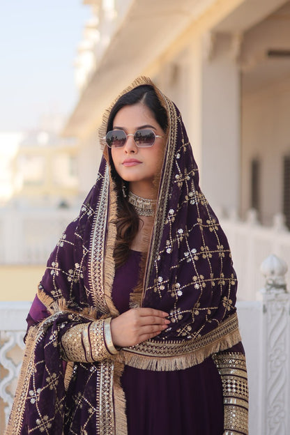 Wine Party Wear Pure Georgette Ready to Wear Stitched Gown with Dupatta Set