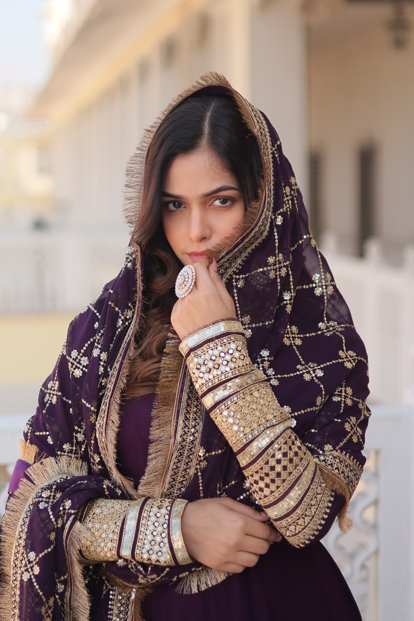 Wine Party Wear Pure Georgette Ready to Wear Stitched Gown with Dupatta Set