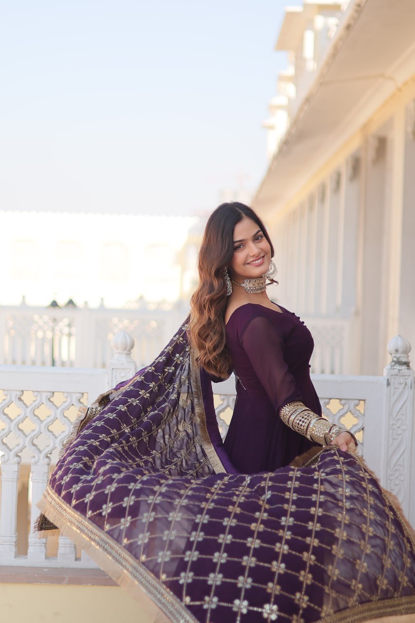 Wine Party Wear Pure Georgette Ready to Wear Stitched Gown with Dupatta Set