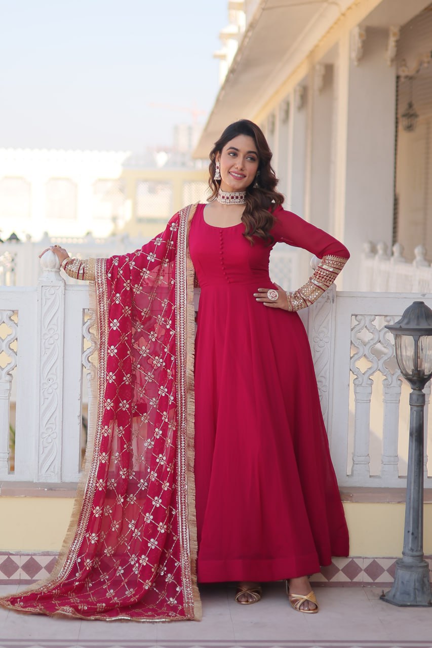 Pink Party Wear Pure Georgette Ready to Wear Stitched Gown with Dupatta Set