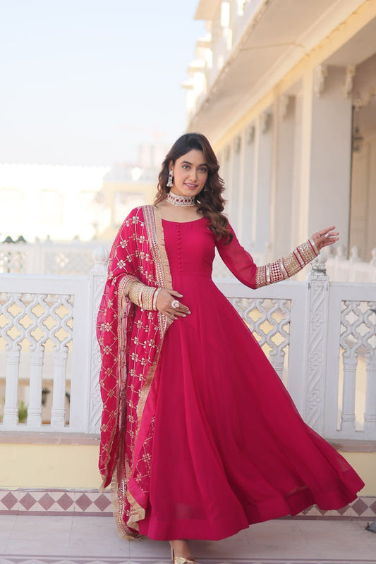 Pink Party Wear Pure Georgette Ready to Wear Stitched Gown with Dupatta Set