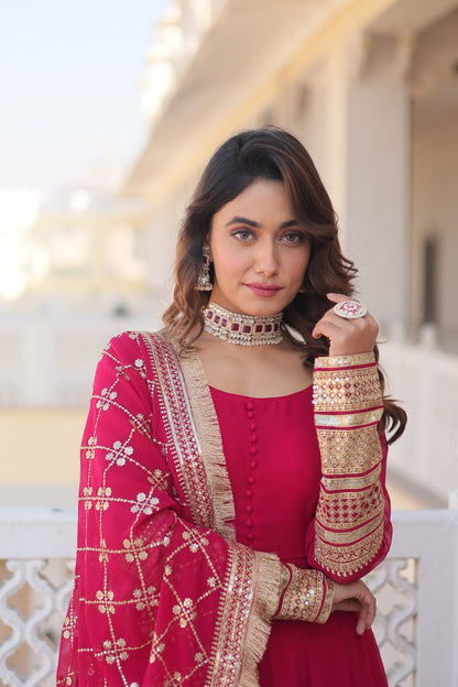 Pink Party Wear Pure Georgette Ready to Wear Stitched Gown with Dupatta Set