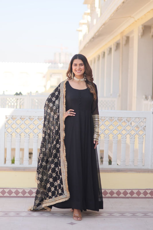 Black Party Wear Pure Georgette Ready to Wear Stitched Gown with Dupatta Set