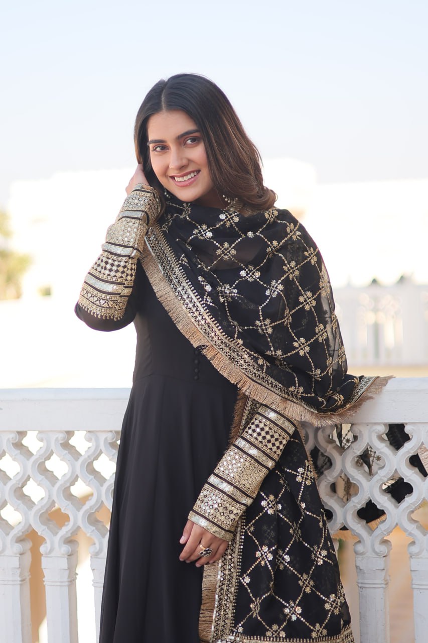 Black Party Wear Pure Georgette Ready to Wear Stitched Gown with Dupatta Set