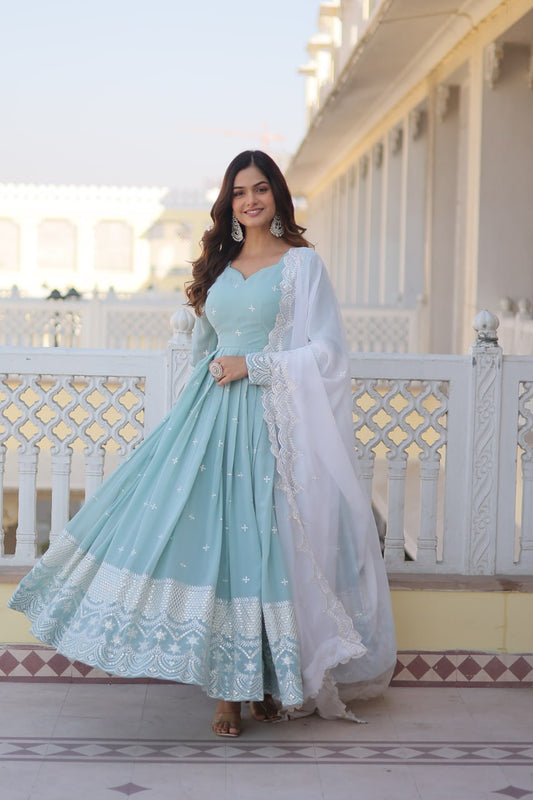Sky Blue Embroidered Georgette Gown Dupatta Set
