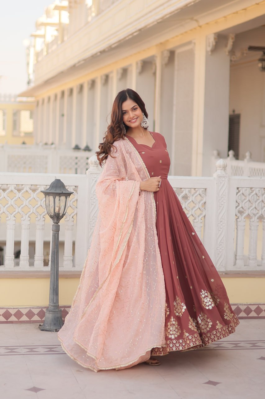 Coffee Faux Georgette Embroidered Festival Party Gown