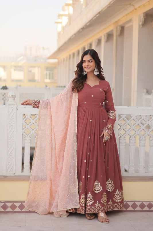 Coffee Faux Georgette Embroidered Festival Party Gown