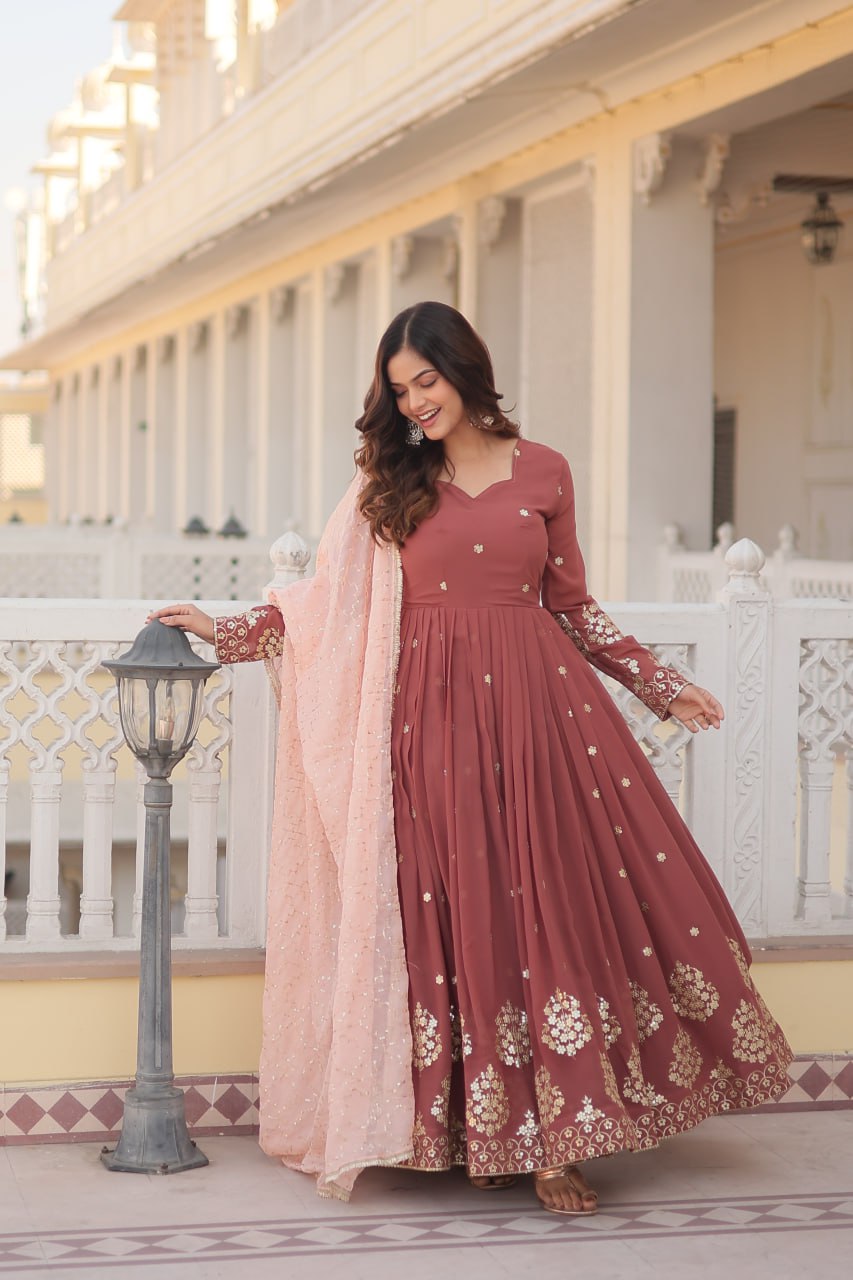 Coffee Faux Georgette Embroidered Festival Party Gown