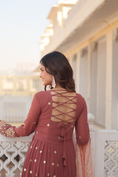Coffee Faux Georgette Embroidered Festival Party Gown