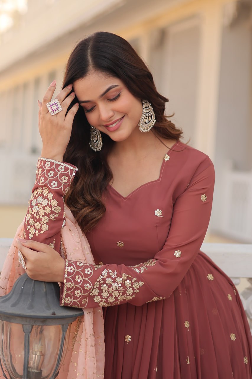 Coffee Faux Georgette Embroidered Festival Party Gown